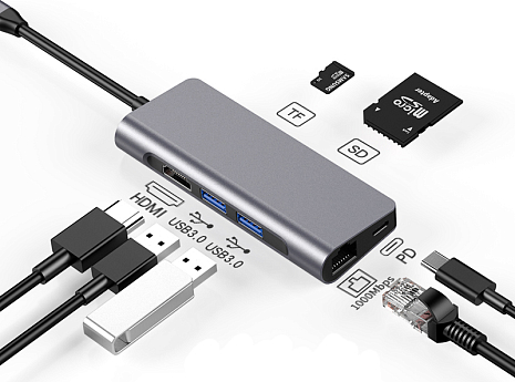 USB- () GSMIN B48 7  1 (Type-C, 2xUSB 3.0, RJ45, HDMI, SD, TF, PD) ()