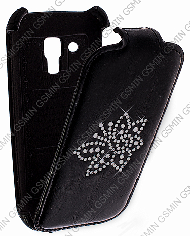 Кожаный чехол для Samsung Galaxy S3 Mini (i8190) Lux Case (Black Flower Crystals)