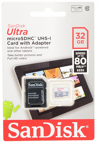   Sandisk Ultra MicroSDHC 32GB Class 10 UHS-I (80 MB/s)   SD