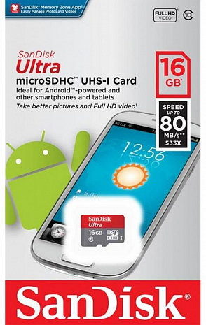   Sandisk Ultra MicroSDHC 16GB Class 10 UHS-I (80 MB/s)   SD